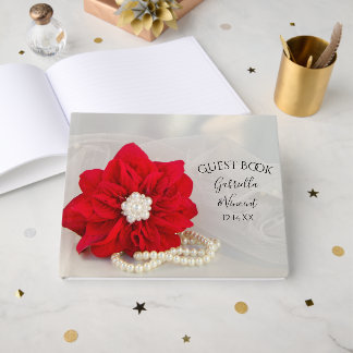 Libro De Visitas Boda de invierno de Poinsettia Roja y Perlas