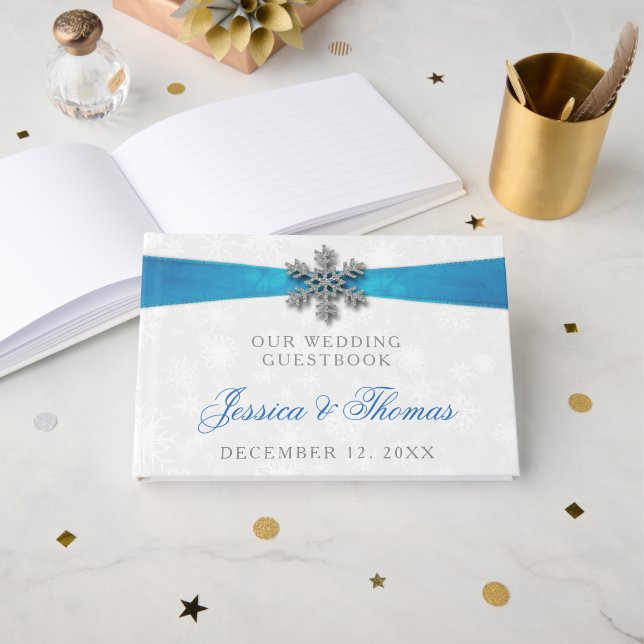 Libro De Visitas Boda de Invierno Diamante Snowflake & Blue Ribbon (Anverso Abierto)