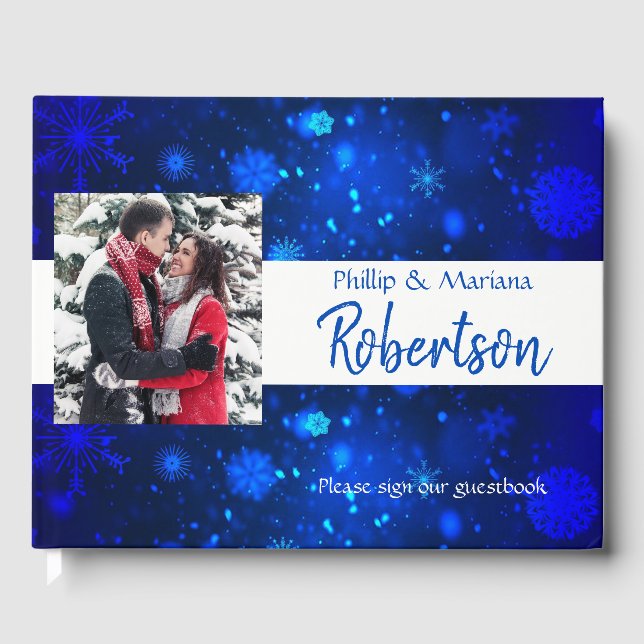 Libro De Visitas Boda de Invierno Royal Blue and White Snowflakes (Anverso)