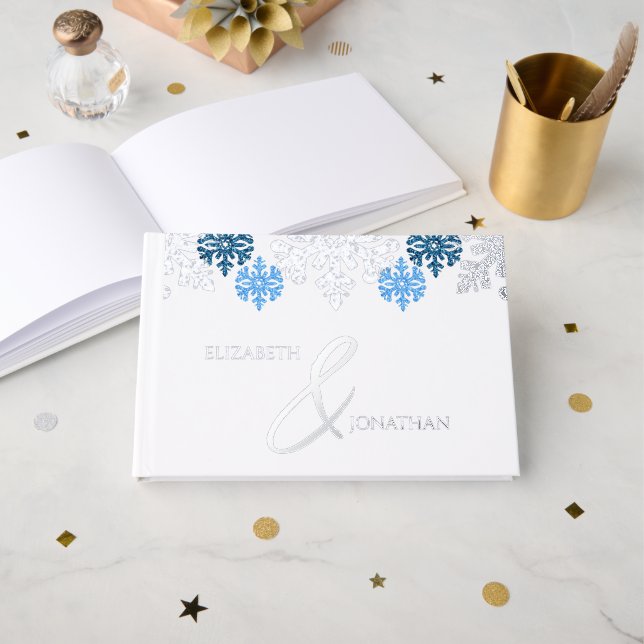 Libro De Visitas Boda de Invierno Silver Blue Snowflakes (Anverso Abierto)