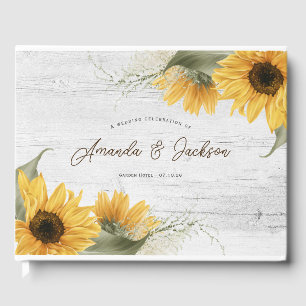 Libro De Visitas Boda de la elegante planta de girasol de madera rú