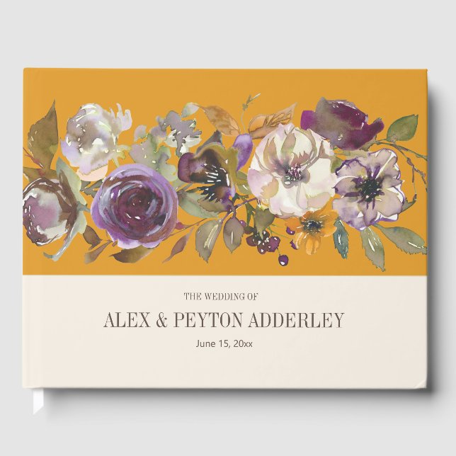 Libro De Visitas Boda de la floral púrpura de crema amarilla mostaz (Anverso)