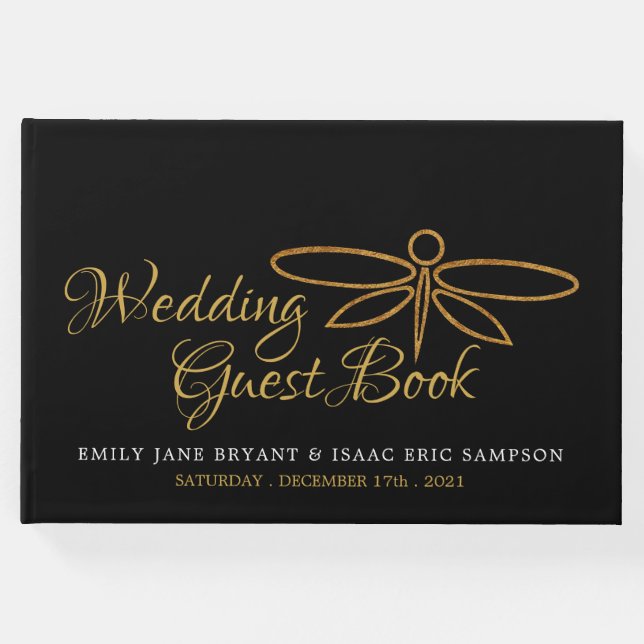 Libro De Visitas Boda de la libélula del Relieve metalizado dorado  (Anverso)