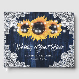Libro De Visitas Boda de la Marina Azul Girasol Rustic Wood Lace