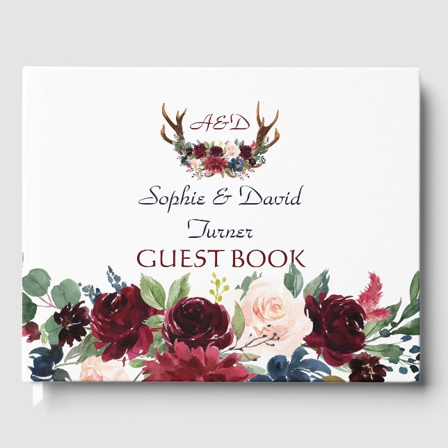 Libro De Visitas Boda de la Marina Boho Merlot Floral Azul (Anverso)