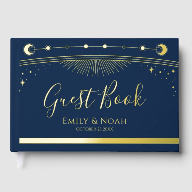 Libro De Visitas Boda de las estrellas de luna del dorado azul míst (Anverso)