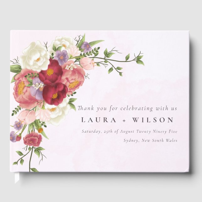 Libro De Visitas Boda de las flores de rosa blanco rosado de Boho (Anverso)