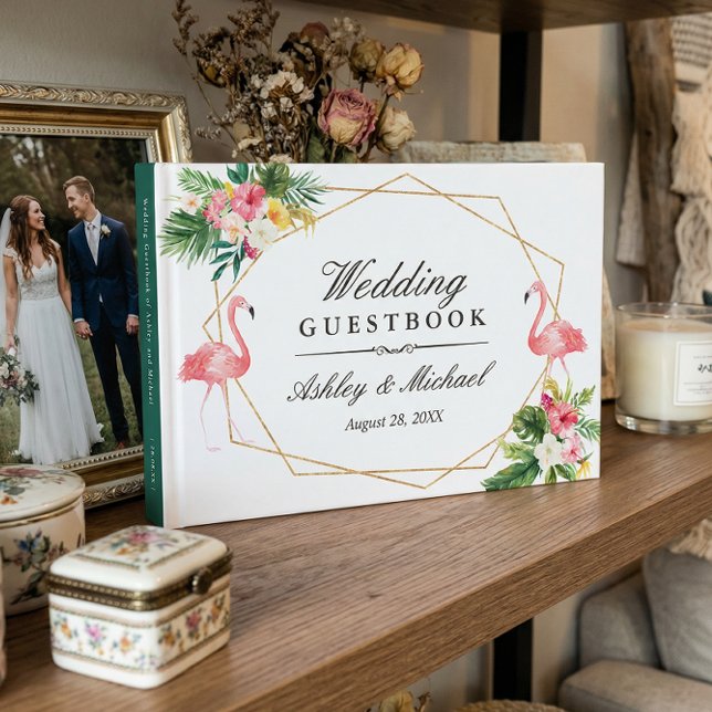 Libro De Visitas Boda de las hojas florales tropicales Flamingos (Subido por el creador)