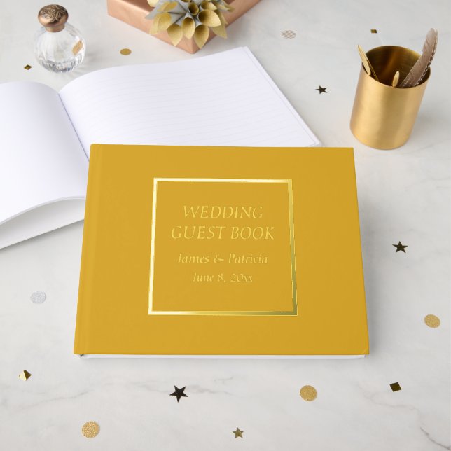 Libro De Visitas Boda de letras simples y estilizadas amarillo dora (Anverso Abierto)