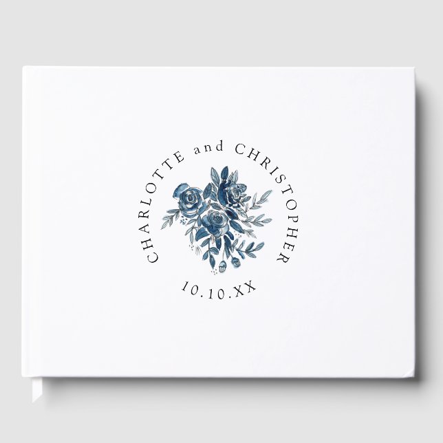 Libro De Visitas Boda de lino floral azul indigo acuático (Anverso)