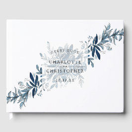 Libro De Visitas Boda de lino floral azul indigo acuático
