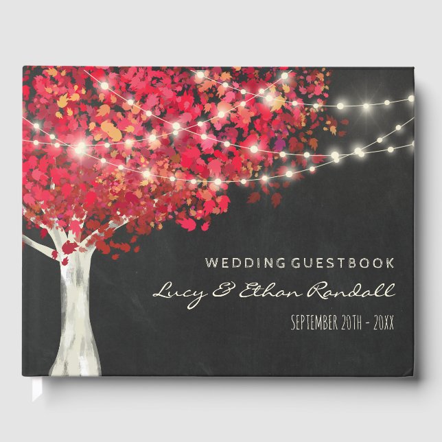 Libro De Visitas Boda de luces de árbol y cadena de otoño rojas (Anverso)