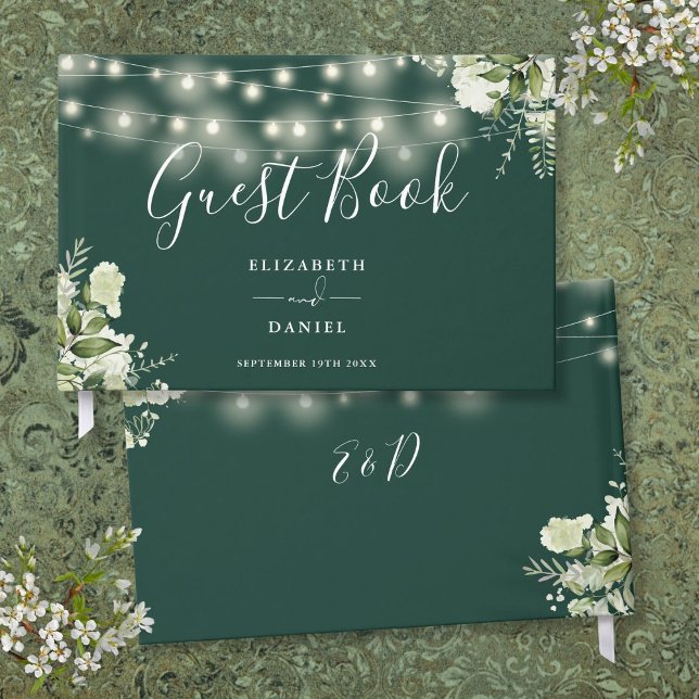 Libro De Visitas Boda de luces de cadena Emerald Greenery (Emerald Greenery String Lights Wedding Guest Book)