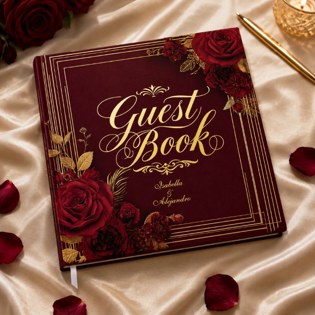 Libro De Visitas Boda de lujo rosa dorado burgundy (Elegant Flamenco Gold Foil Wedding Guest Book )