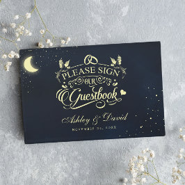 Libro De Visitas Boda de Luna Estrellas Celestiales Azul Medianoche