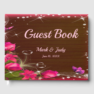 Libro De Visitas Boda de mariposa floral rosada de madera de estilo