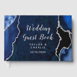 Libro De Visitas Boda de Mármol de Ágata Azul Marino y Plateado