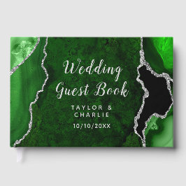 Libro De Visitas Boda de Mármol de Ágata Verde y Plateada