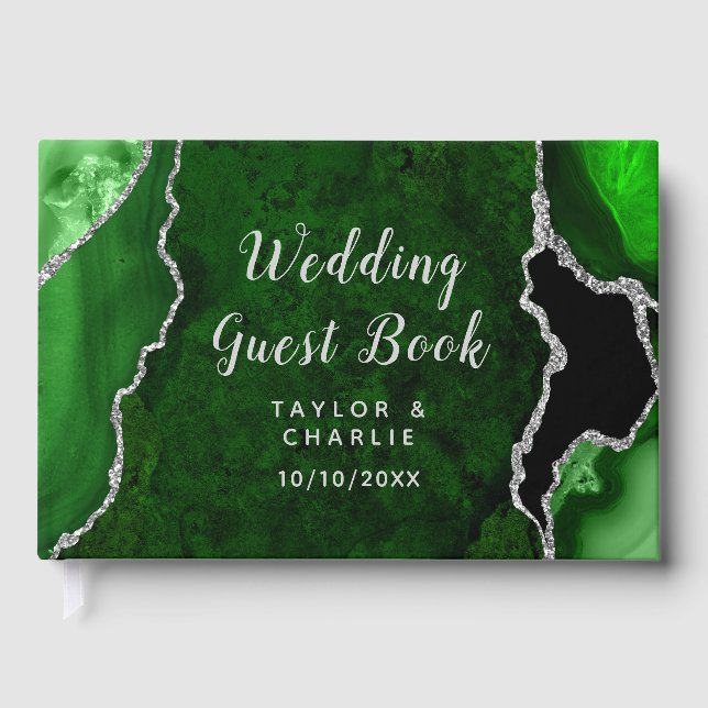 Libro De Visitas Boda de Mármol de Ágata Verde y Plateada (Anverso)