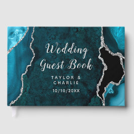 Libro De Visitas Boda de Mármol Teal y Plata Ágata