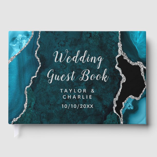 Libro De Visitas Boda de Mármol Teal y Plata Ágata (Anverso)