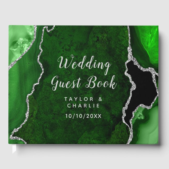 Libro De Visitas Boda de mármol verde y plateado (Anverso)