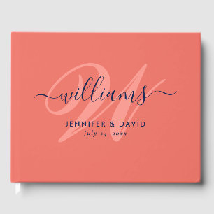 Libro De Visitas Boda de monograma azul y coral de la Marina Person