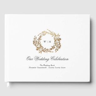 Libro De Visitas Boda de Monograma Clásico Gold Wreath
