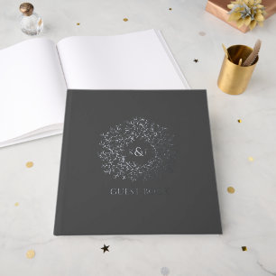 Libro De Visitas Boda de monograma de hoja gris de carbón mudo