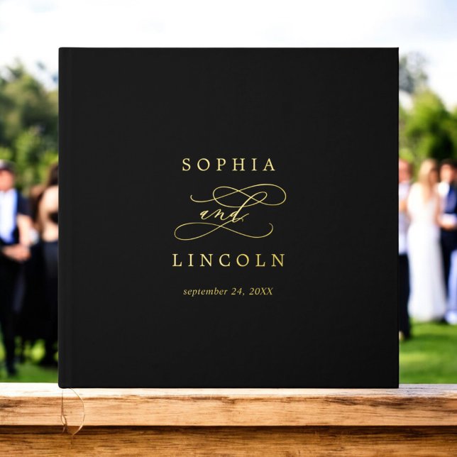 Libro De Visitas Boda de monograma de Relieve metalizado dorado neg (Romantic Black Gold Foil Monogram Wedding Foil Guest Book)