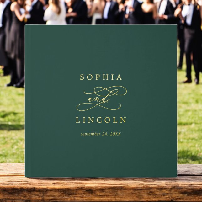 Libro De Visitas Boda de monograma de Relieve metalizado dorado ver (Romantic Dark Green Gold Foil Monogram Wedding Foil Guest Book)