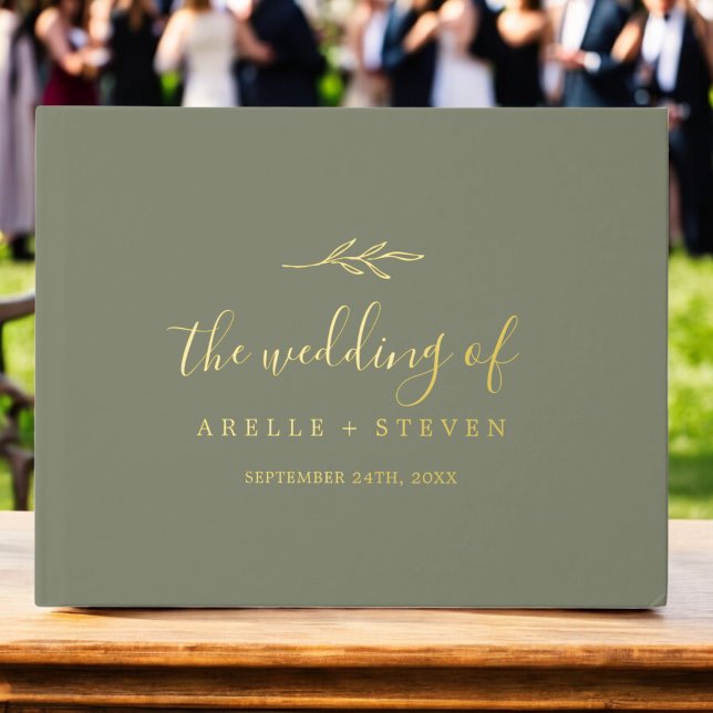 Libro De Visitas Boda de monograma hoja mínima Relieve metalizado d (Minimal Leaf Dark Green Gold Foil Monogram Wedding Foil Guest Book)