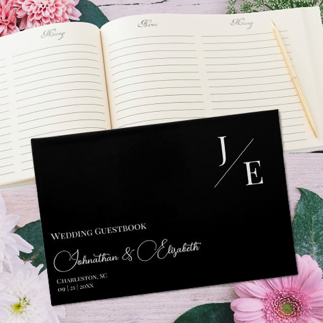 Libro De Visitas Boda de monograma minimalista | Negro (Minimalist Monogram Wedding Black Guestbook)