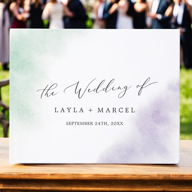 Libro De Visitas Boda de monograma verde púrpura acuarela (Watercolor Wash Green Purple Monogram Wedding Guest Book)