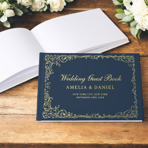 Libro De Visitas Boda de oro azul de la marina floral victoriana de