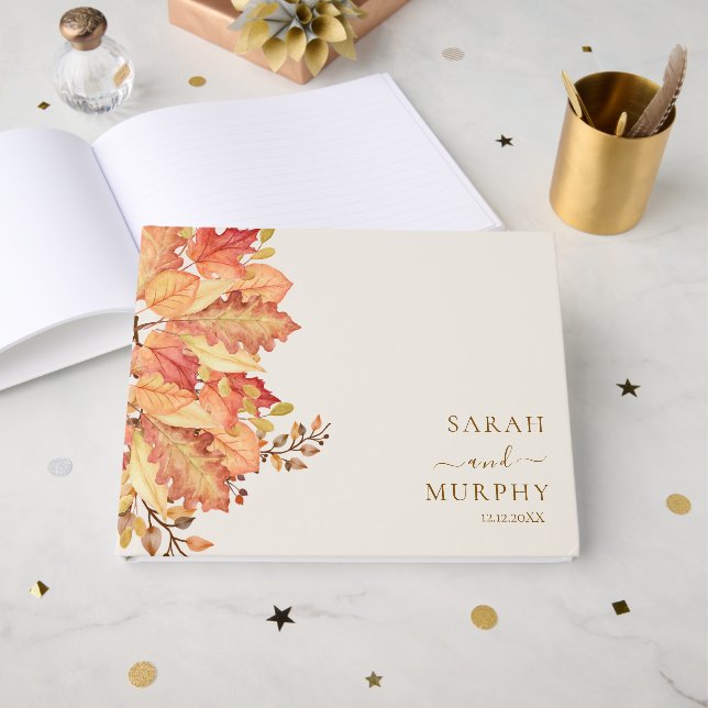 Libro De Visitas Boda de Otoño con Hojas de Acuarela Elegantes  (Anverso Abierto)