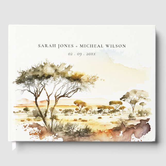Libro De Visitas Boda de paisaje africano acuarela terroso silencia (Anverso)