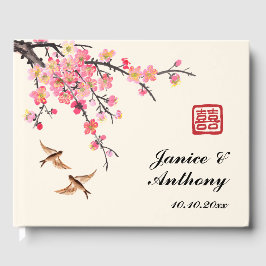 Libro De Visitas Boda de pájaros floridos pintados de tinta china