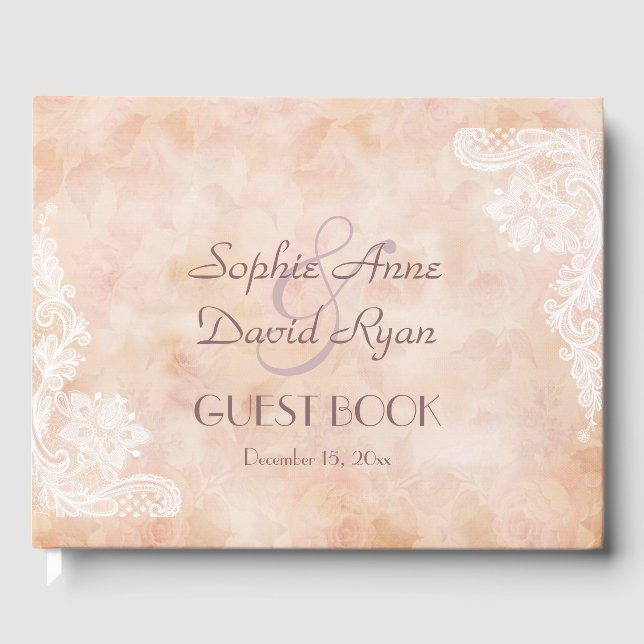 Libro De Visitas Boda de papel antiguo de Rosas de encaje de época (Anverso)