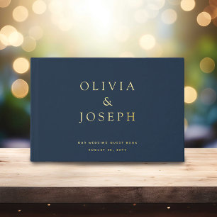 Libro De Visitas Boda de Papel de Oro Personalizada Azul Marino