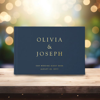 Libro De Visitas Boda de Papel de Oro Personalizada Azul Marino