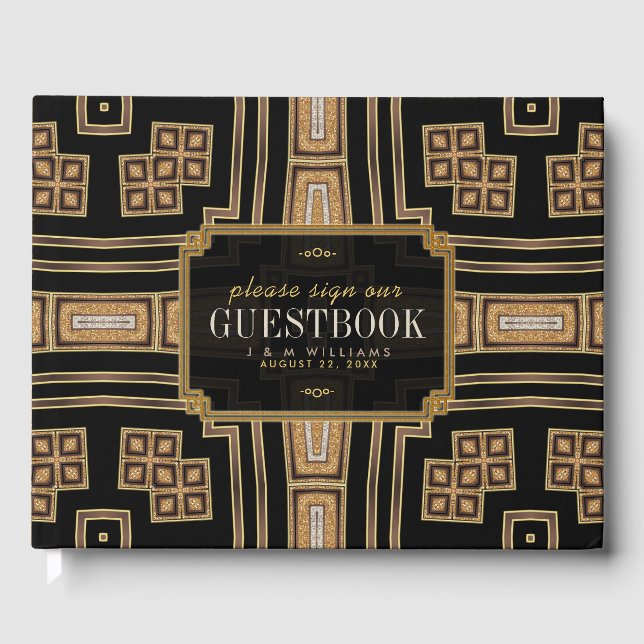 Libro De Visitas Boda de patrón de mosaico geométrico negro dorado (Anverso)