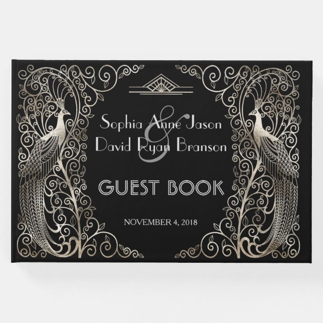 Libro De Visitas Boda de Peacocks Glam Silver Art Deco (Anverso)