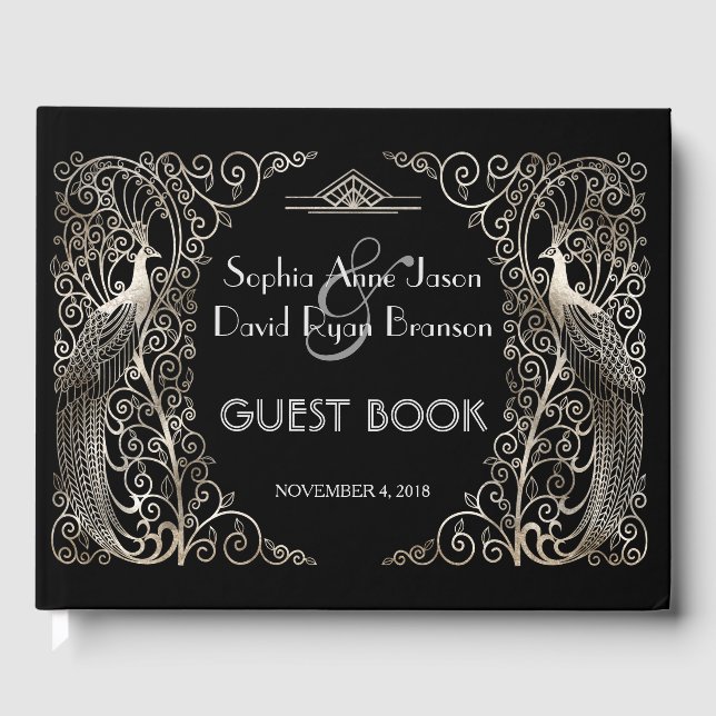 Libro De Visitas Boda de Peacocks Glam Silver Art Deco (Anverso)