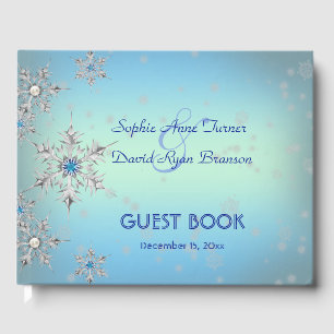 Libro De Visitas Boda de Perlas Azules Cristales de Plata Snowflake