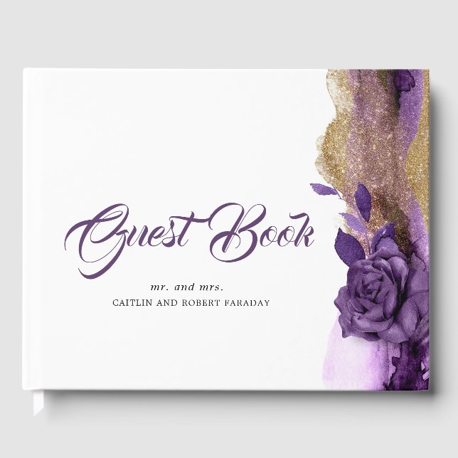 Libro De Visitas Boda de Plum Purple y Gold Purpurina (Anverso)