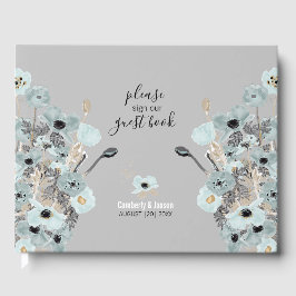 Libro De Visitas Boda De Poppies Florales De Color Azul Y Gris