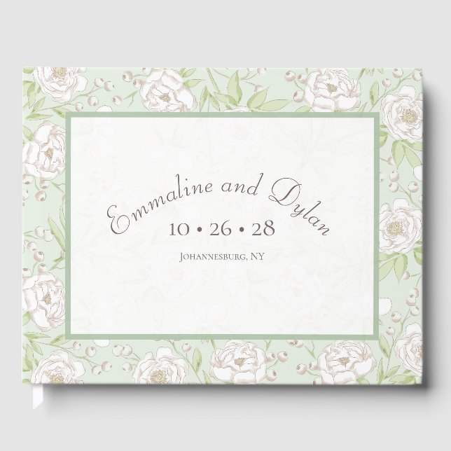 Libro De Visitas Boda de Rosa Blanca Verde Salvia (Anverso)