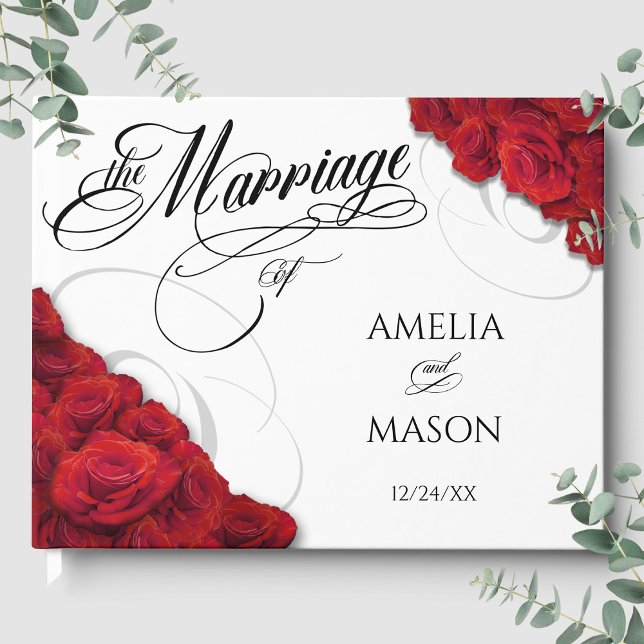 Libro De Visitas Boda de rosas rojas en caligrafía (Photo Red Roses Calligraphy Script Wedding Guest Book Front)