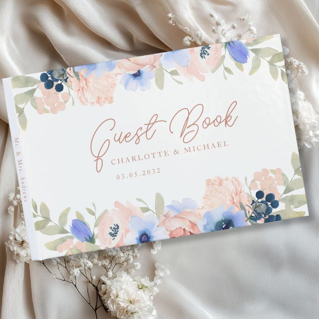 Libro De Visitas Boda de Rubor azul de Peach (Peach Blue Blush Wedding Guest Book with your name and date.)